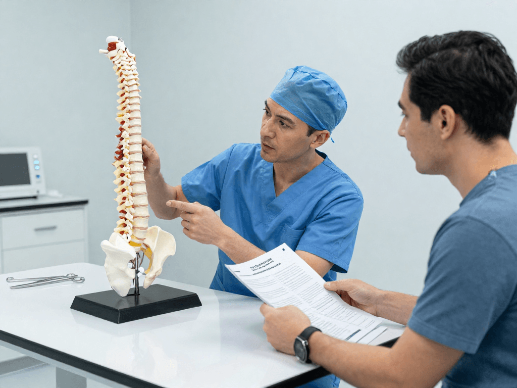 Patient discussing Dar kanal ameliyatı with an orthopedic surgeon in a modern medical consultation.