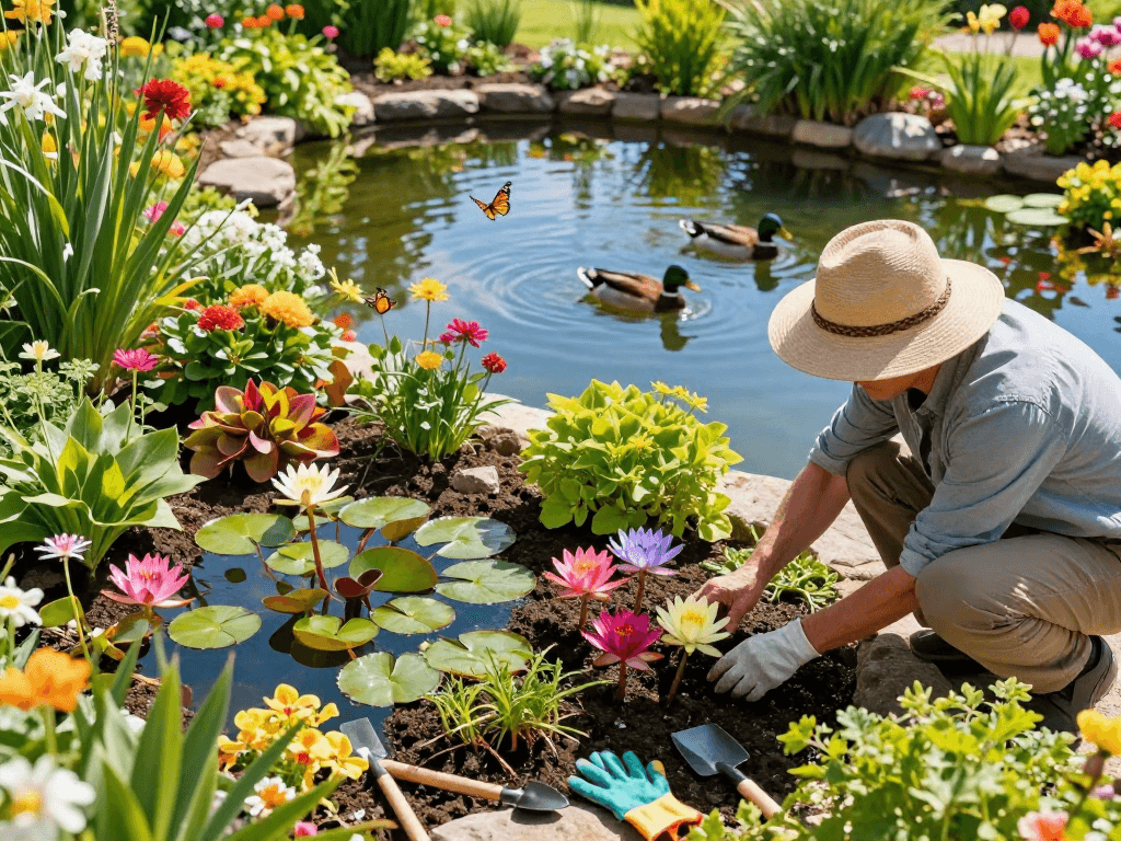 Buy Pond Plants Online - A gardener planting vibrant water lilies in a sunny pond garden.