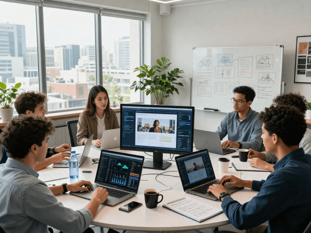 Experts analyzing data with an ai image detector tool in a modern office.
