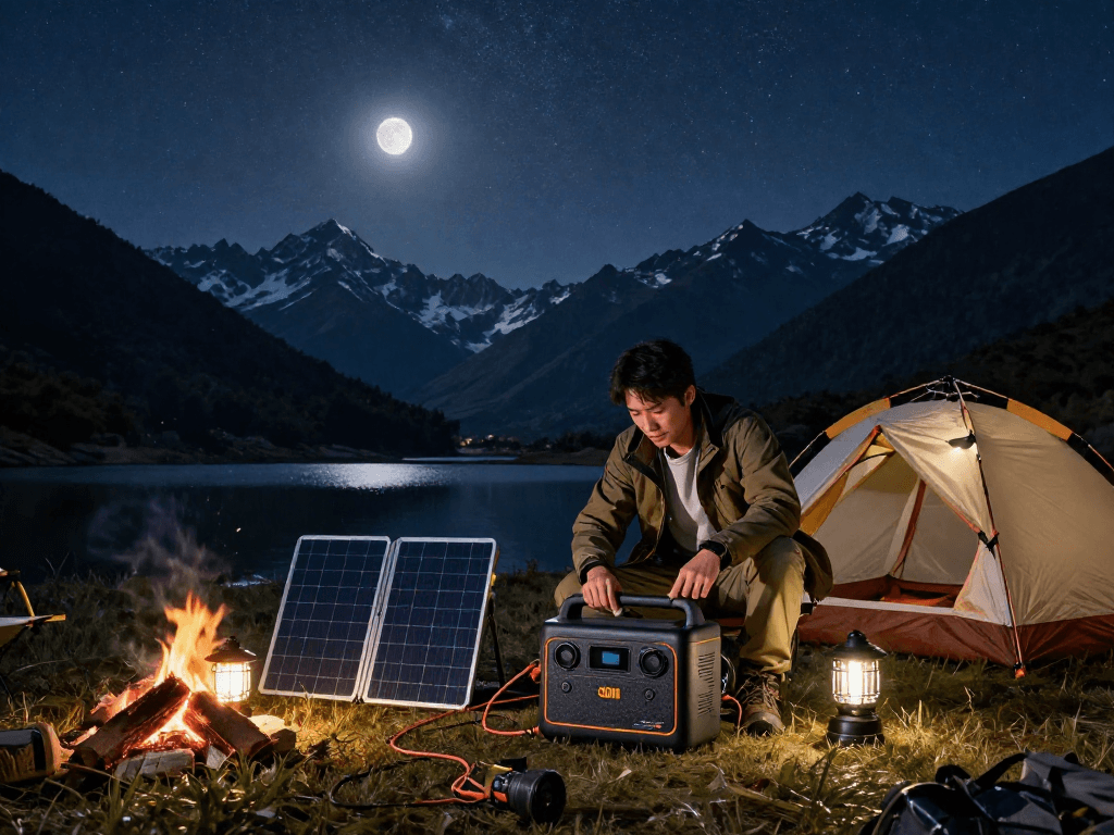Using an ODM portable power station at a campsite during starlit night, showcasing outdoor adventure and sustainability.