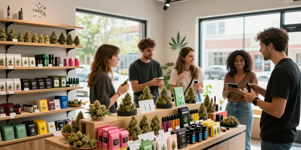 Premium cannabis shop featuring Alienlab products and happy customers exploring exotic strains.