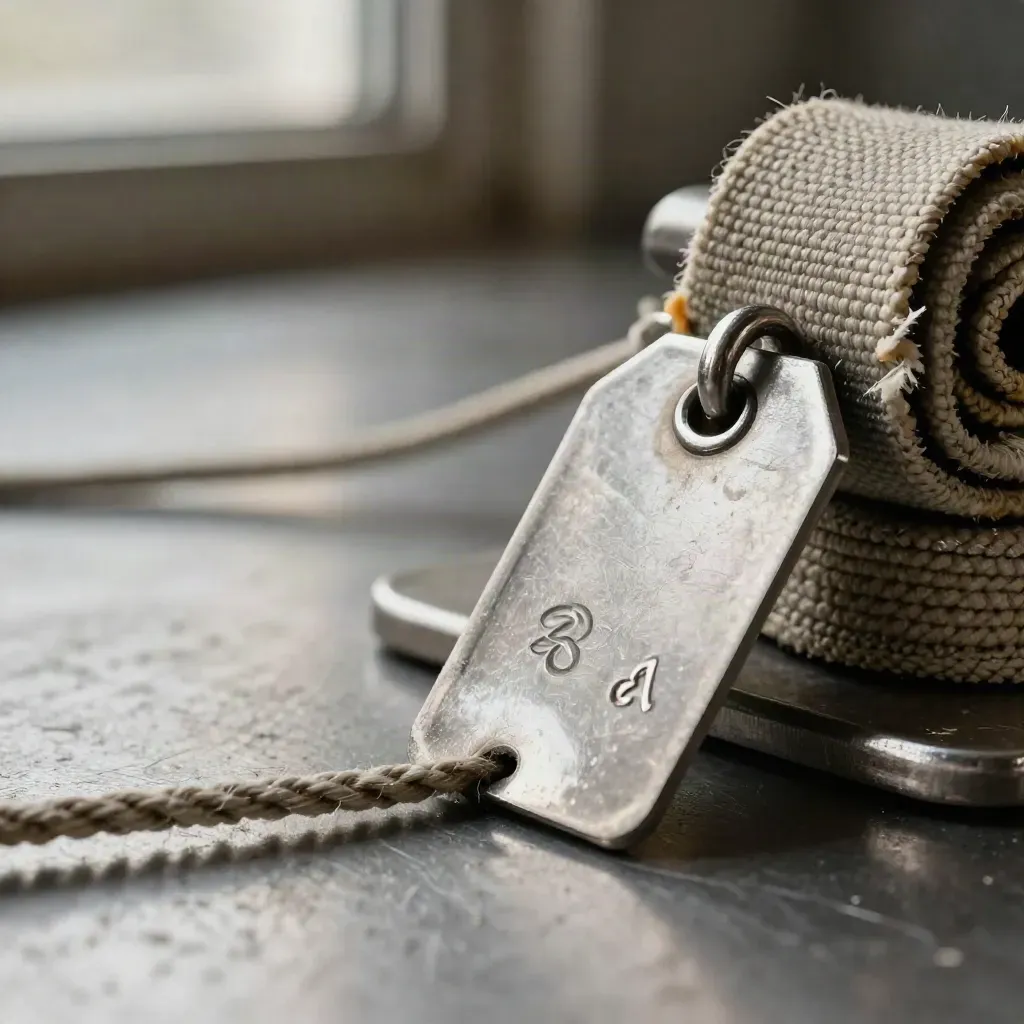 Steel cargo tags, dock line and canvas strap on brushed metal in a premium industrial still life.