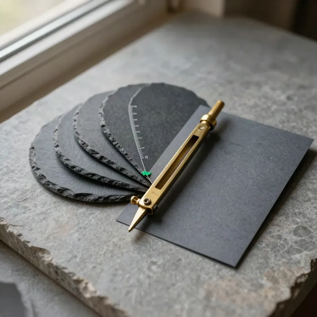 Brass compass, slate disks and graphite card on brushed stone, top-down premium still life.