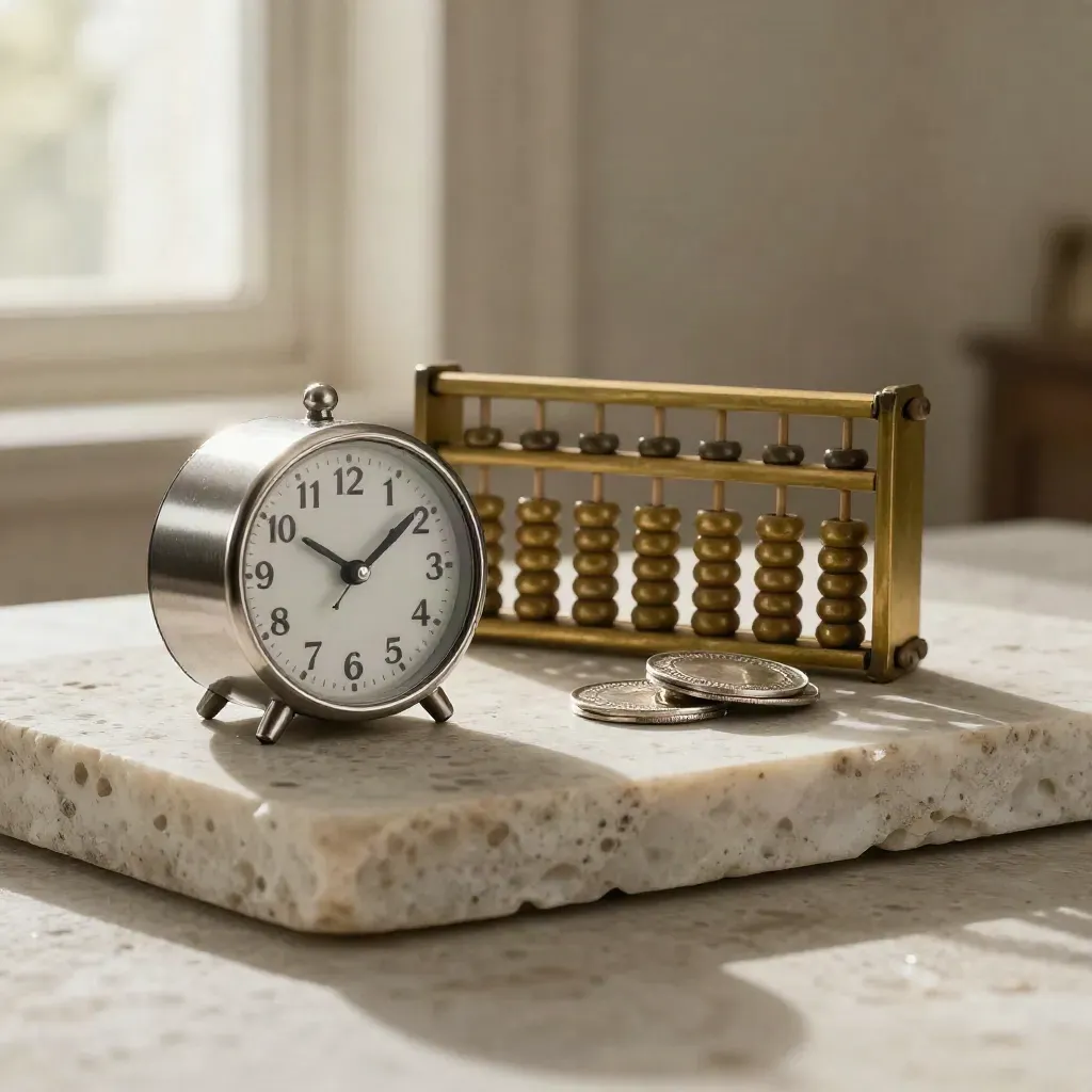 Brushed timer, brass abacus and silver pucks on limestone in soft rain-lit studio light.