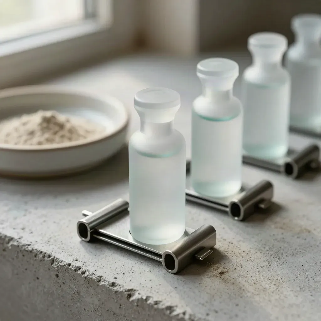 Frosted vials, ceramic dish and stainless clamps on pale concrete with teal highlights.