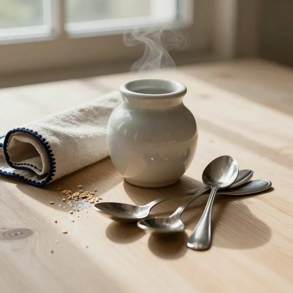 Salt cellar, linen napkin and tasting spoons on pale wood in warm editorial light.