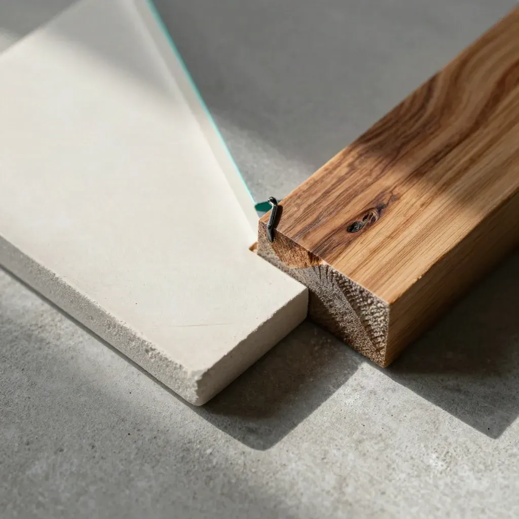Macro still life of plaster tiles, walnut, and a graphite clip on concrete