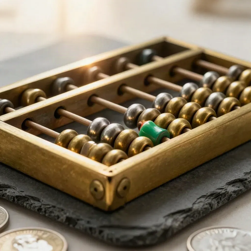 Brass abacus with silver beads and coin pucks on graphite stone, lit with a soft raking glow.