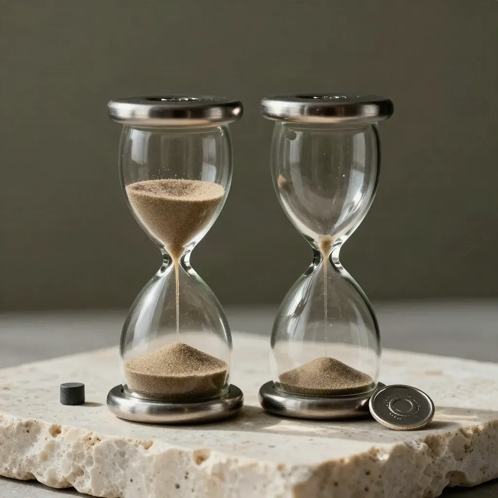 Two hourglasses and a silver token on pale stone in dramatic studio light