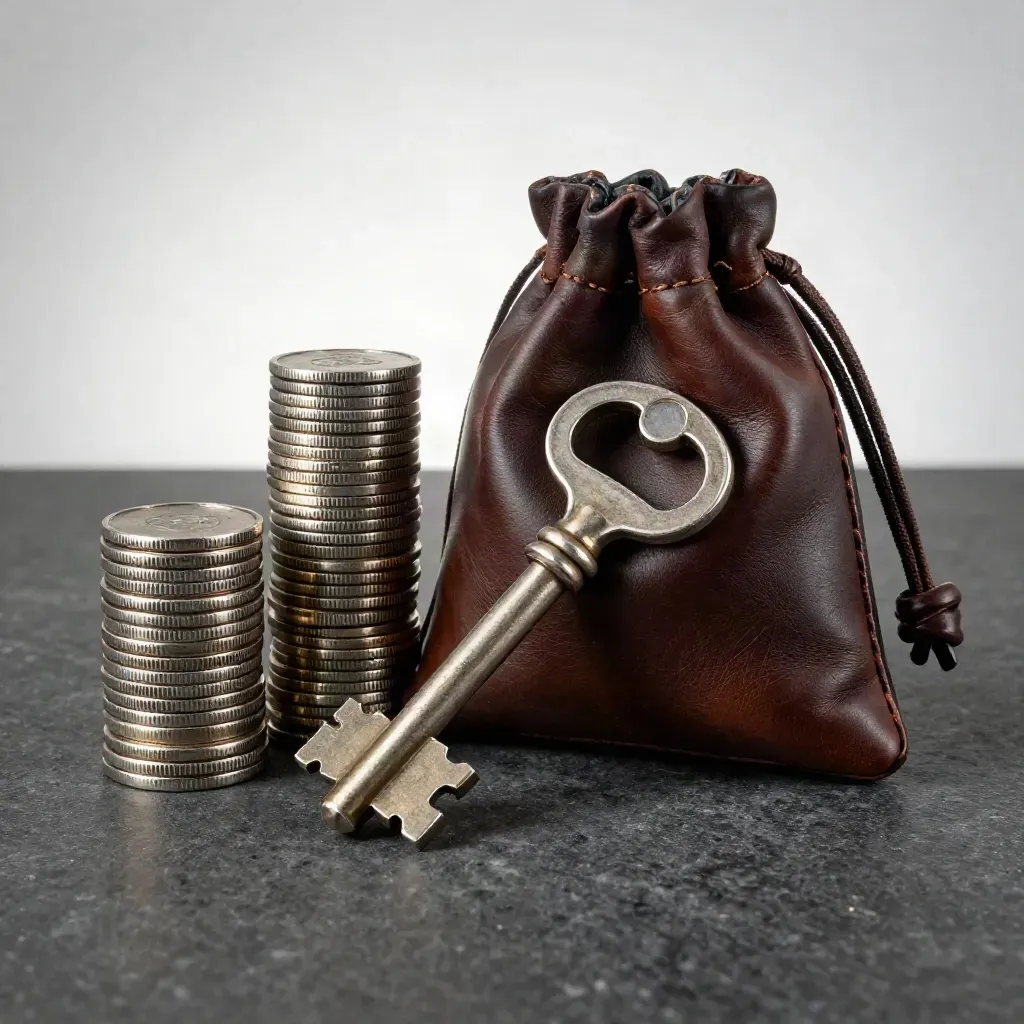 Vault key, silver pucks, and leather coin pouch on dark stone