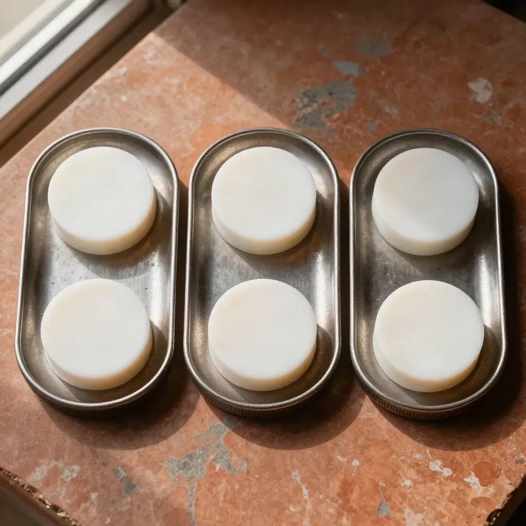 Overhead macro of three metal coin trays with different white pucks on terracotta stone.