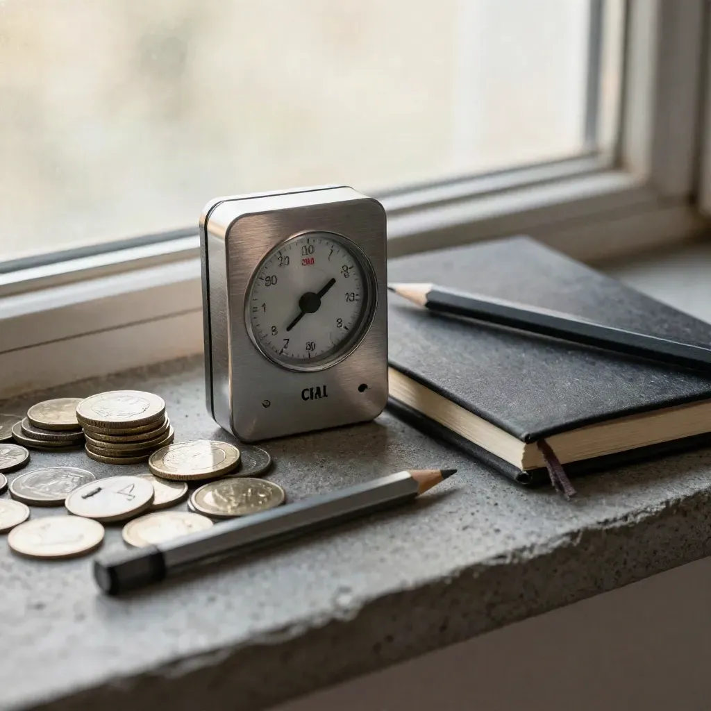 Frosted-glass closeup of a timer, closed notebook, pencil and coin stack on stone.