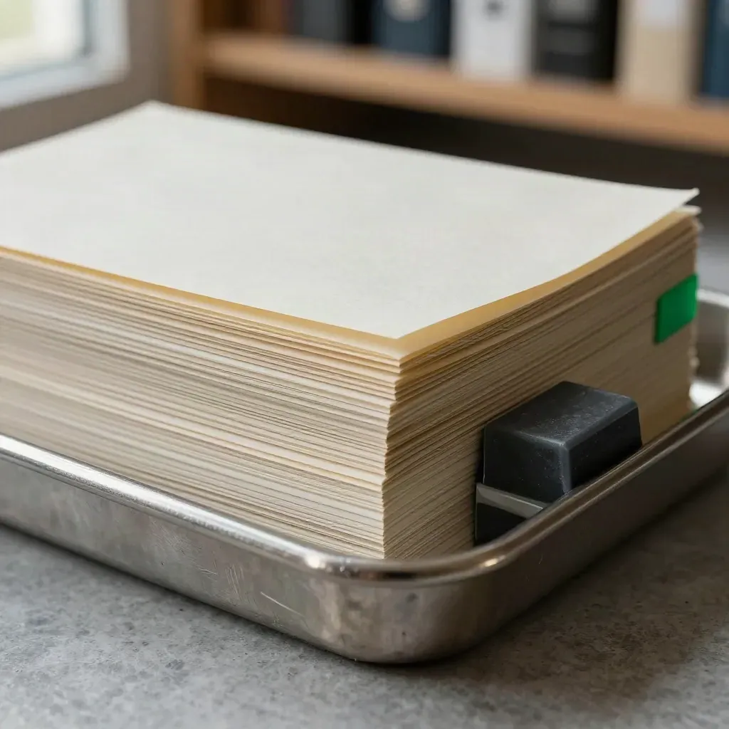 Macro of archival cards in a steel tray under a graphite paperweight, with a tiny green tab.