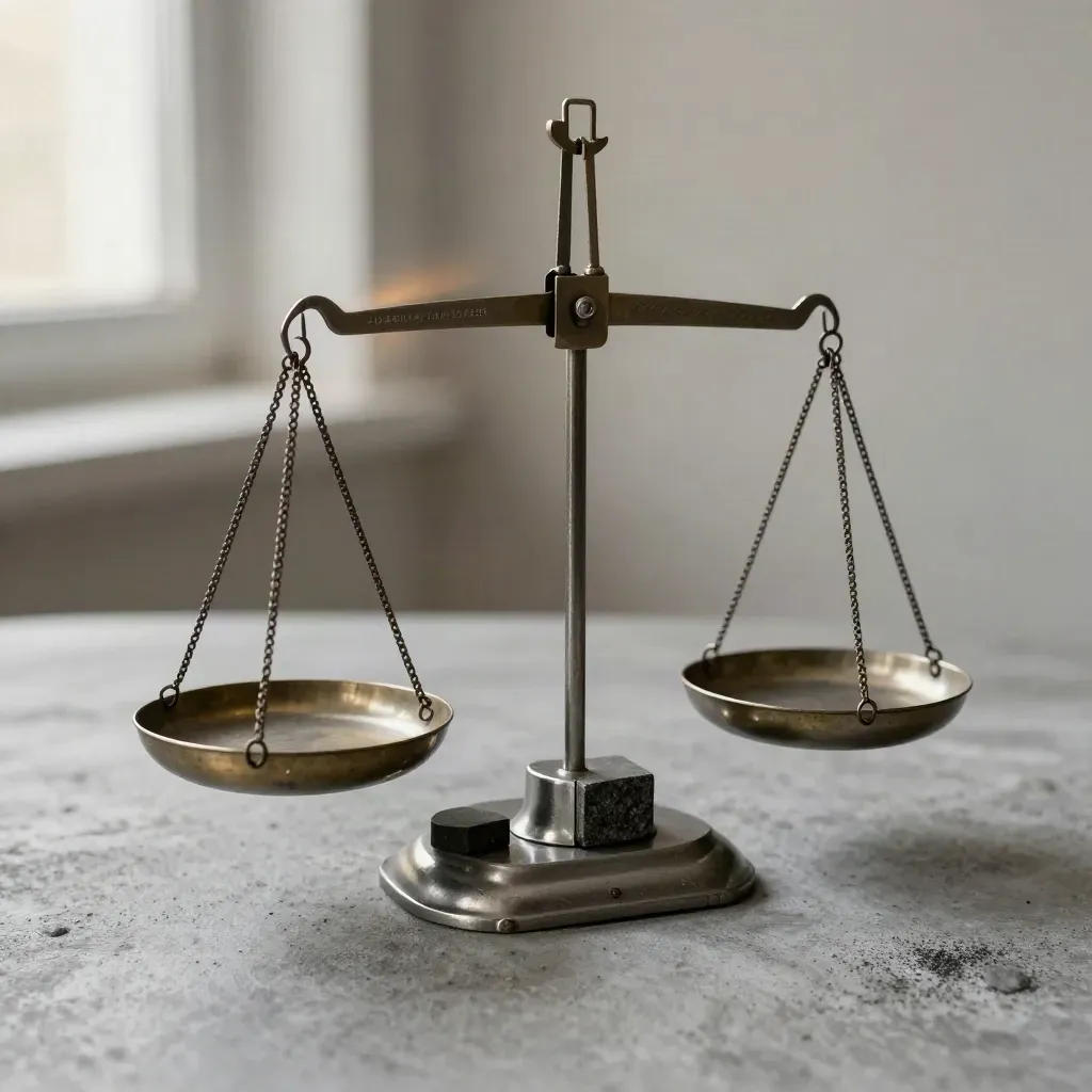 Precision balance scale with weight discs and stone block on concrete, lit dramatically.