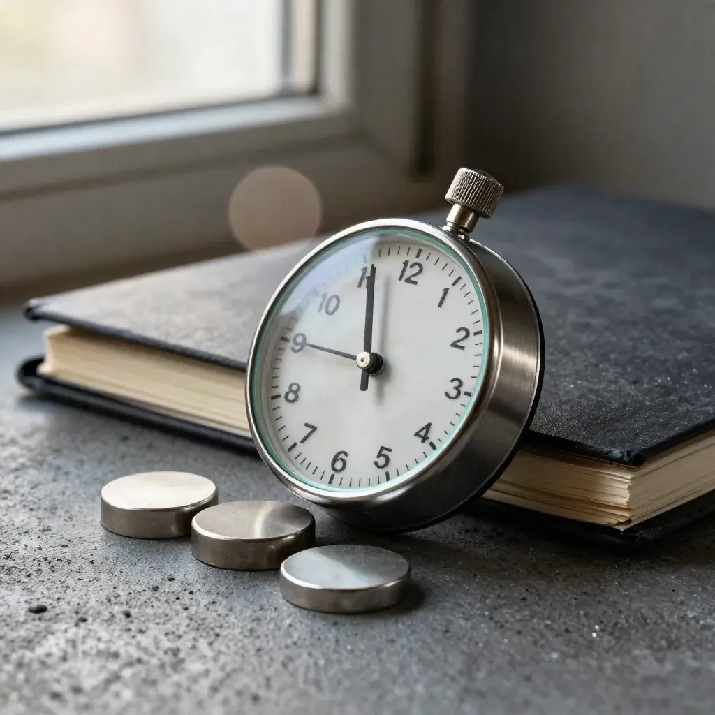 Brushed metal timer, folded pocket notebook, and two token pucks on dark concrete