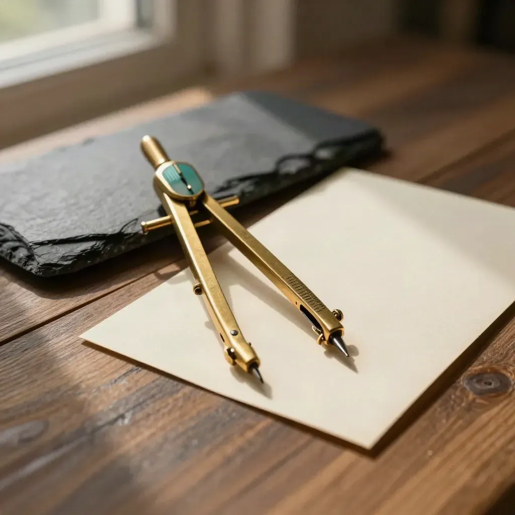 Brass drafting compass, slate wedge, and blank card on brushed wood in warm side light.