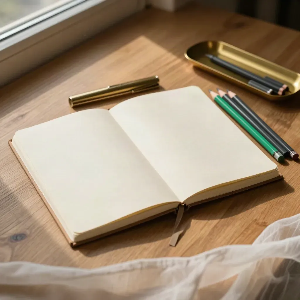 Three blank notebooks, shared pencils and a brass tray on pale wood in soft overhead light