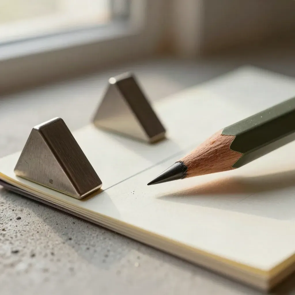 Macro still life of a graphite pencil, blank memo card, and metal angle blocks on pale concrete.