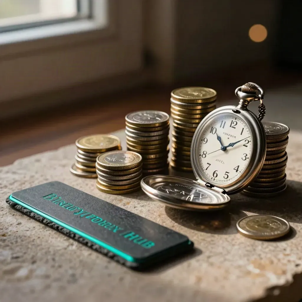 Coins, pocket watch and slate clip on warm stone with dramatic side light