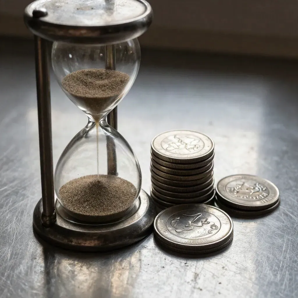 Hourglass, coin stack, and stop disc on brushed metal under directional light.