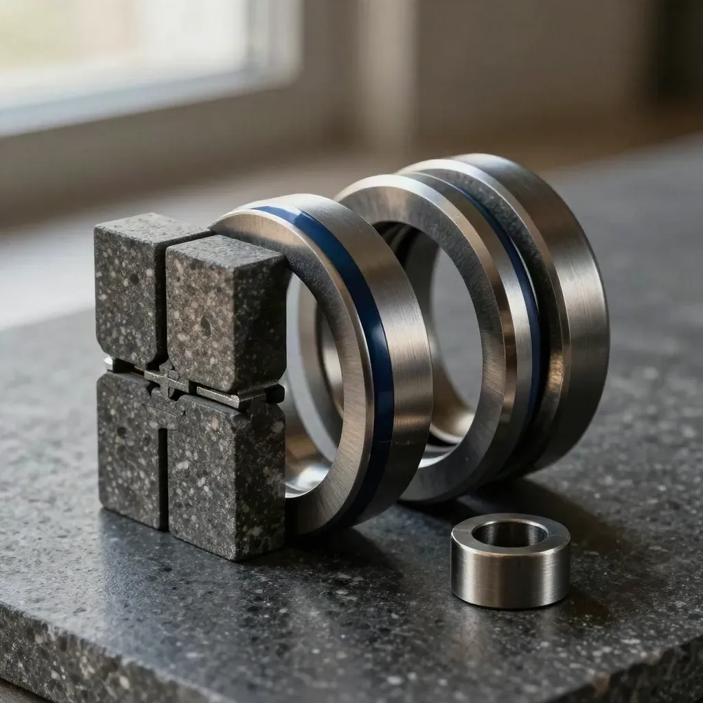 Interlocking metal rings and graphite blocks on dark stone, lit dramatically with cool haze.