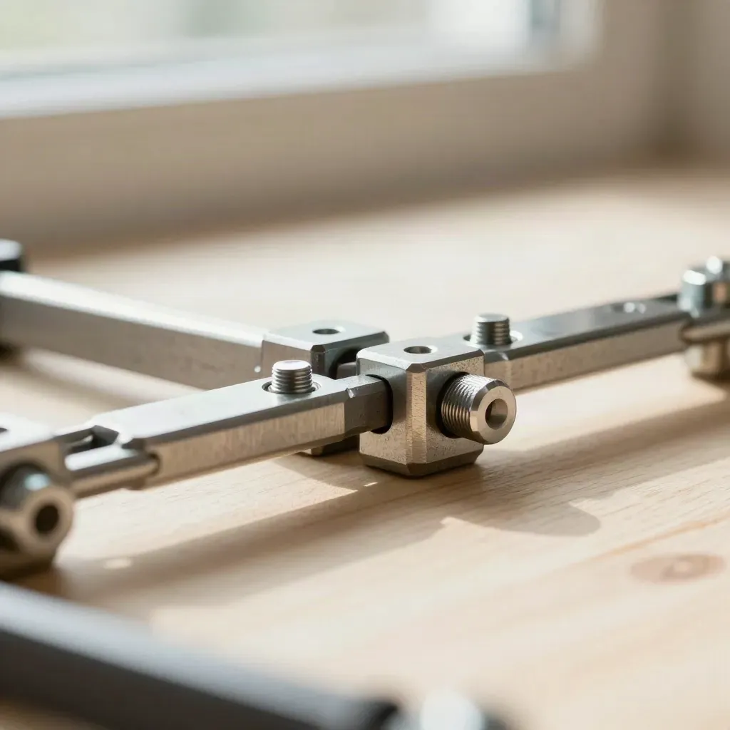 Steel workflow joints and pins on pale wood, softly lit with a blurred dark foreground edge.