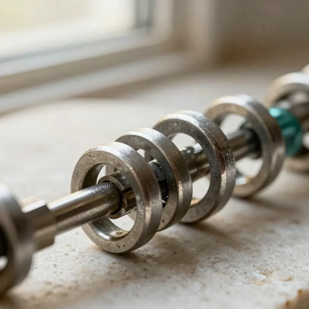 Extreme macro of linked metal rings and dovetail pins on pale limestone with a subtle teal accent