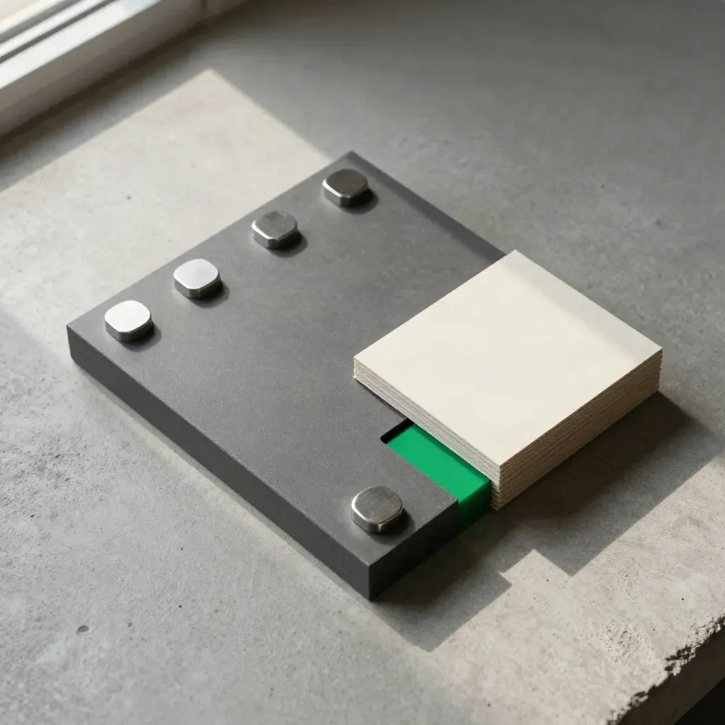 Top-down graphite blocks, tiny magnets and a tab card on concrete with a green accent.