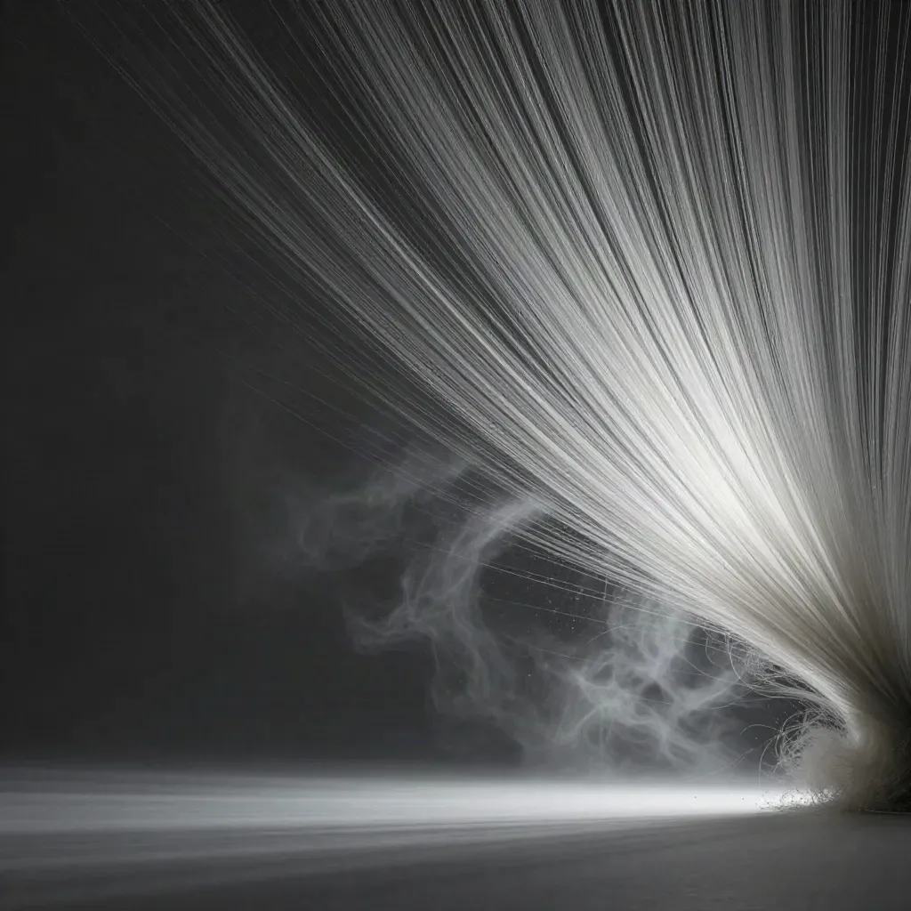 Silver filaments bloom in graphite space with drifting motes and open copy space