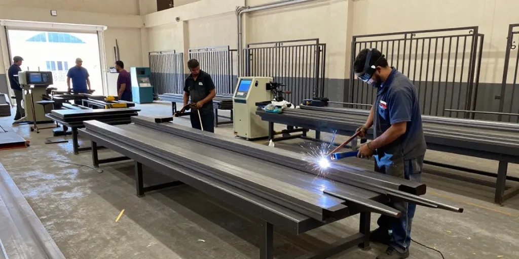 A metal fabrication workshop in Fujairah with skilled workers welding and cutting metal, showcasing craftsmanship.